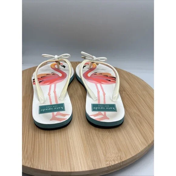 Kate Spade New York Flamingo Flip Flop Sandals Size 5 White Pink Bow Charm Beach - Picture 6 of 12